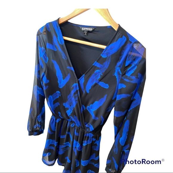 EXPRESS - Black and Blue Feather Romper - Picture 3 of 9